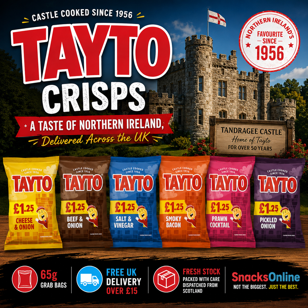 Tayto Crisps collection featuring Cheese & Onion, Beef & Onion, Salt & Vinegar, Smoky Bacon, Prawn Cocktail and Pickled Onion 65g bags with Tandragee Castle, home of Tayto since 1956.