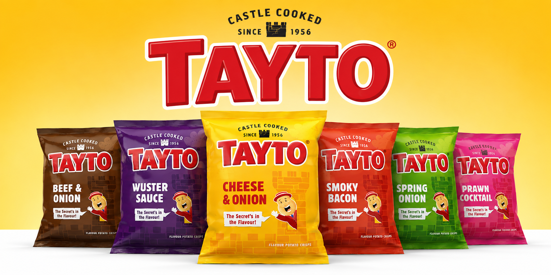 Tayto Crisps collection featuring Cheese & Onion, Beef & Onion, Salt & Vinegar, Smoky Bacon, Prawn Cocktail and Pickled Onion 65g bags with Tandragee Castle, home of Tayto since 1956.