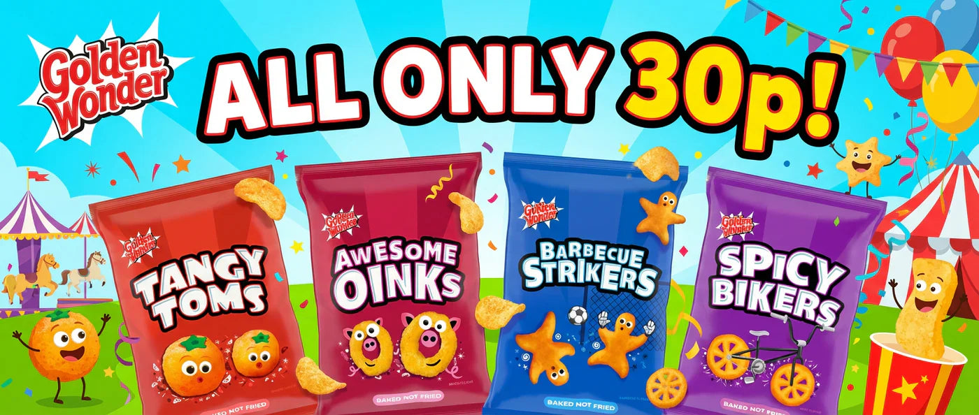 Golden Wonder Old School Savoury Favourites including Tangy Toms, Awesome Oinks, Spicy Bikers and Barbecue Strikers
