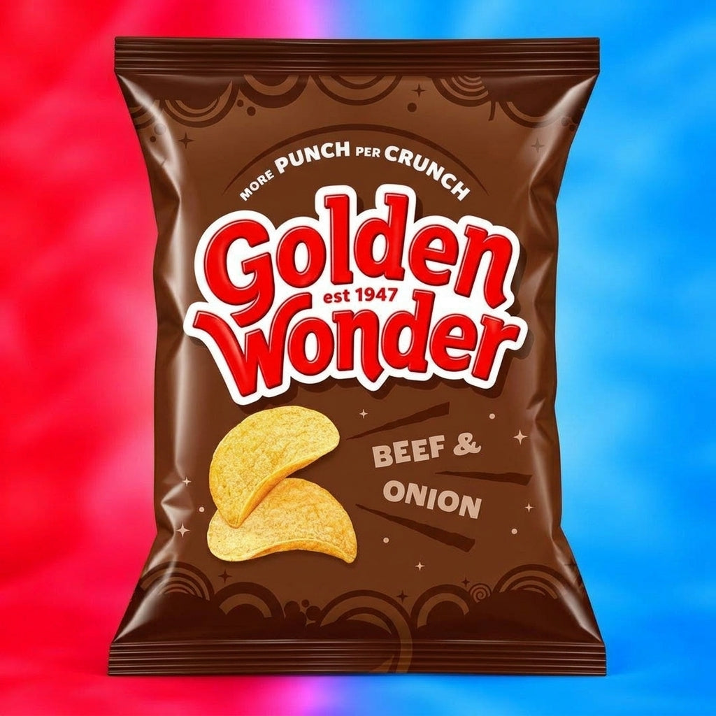 A bag of Golden Wonder Beef & Onion potato chips centered against a vibrant red-to-blue gradient background. The packaging is dark brown with bold red and white lettering and an illustration of two golden chips.
