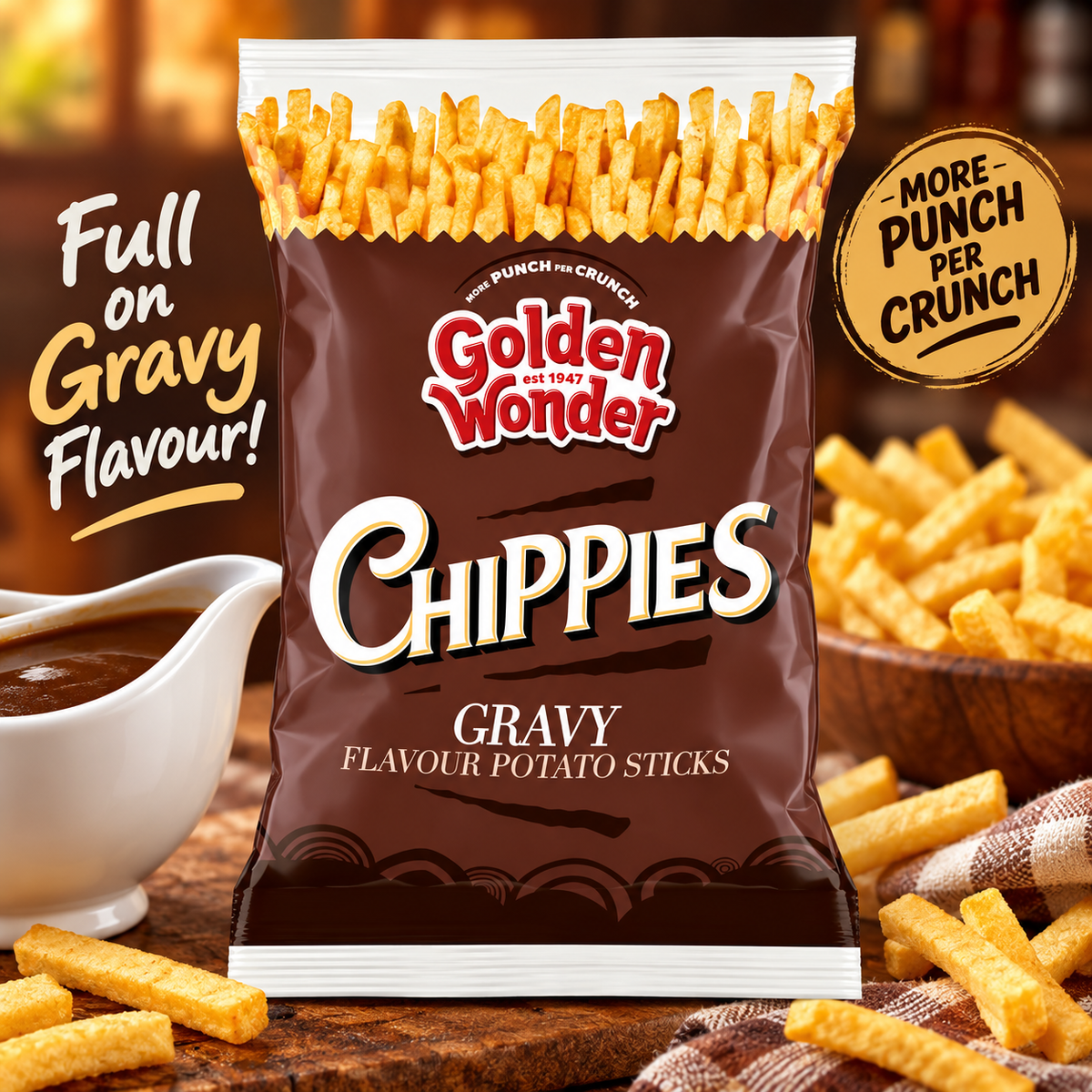 Golden Wonder Chippies Gravy Crisps 100g – Classic Chip Shop Flavour Potato Crisps