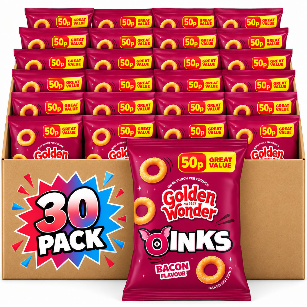 Golden Wonder Awesome Oinks Bacon Flavour Corn Snacks 27g 30 Pack