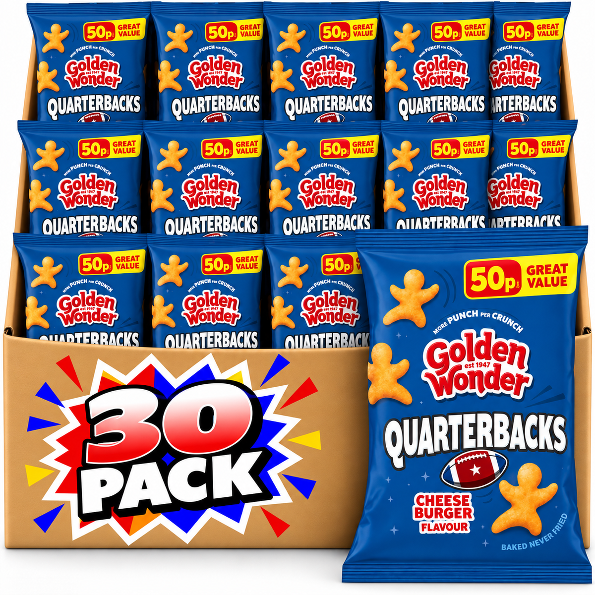 Golden Wonder Quarterbacks Cheeseburger Flavour 27g 30 Pack