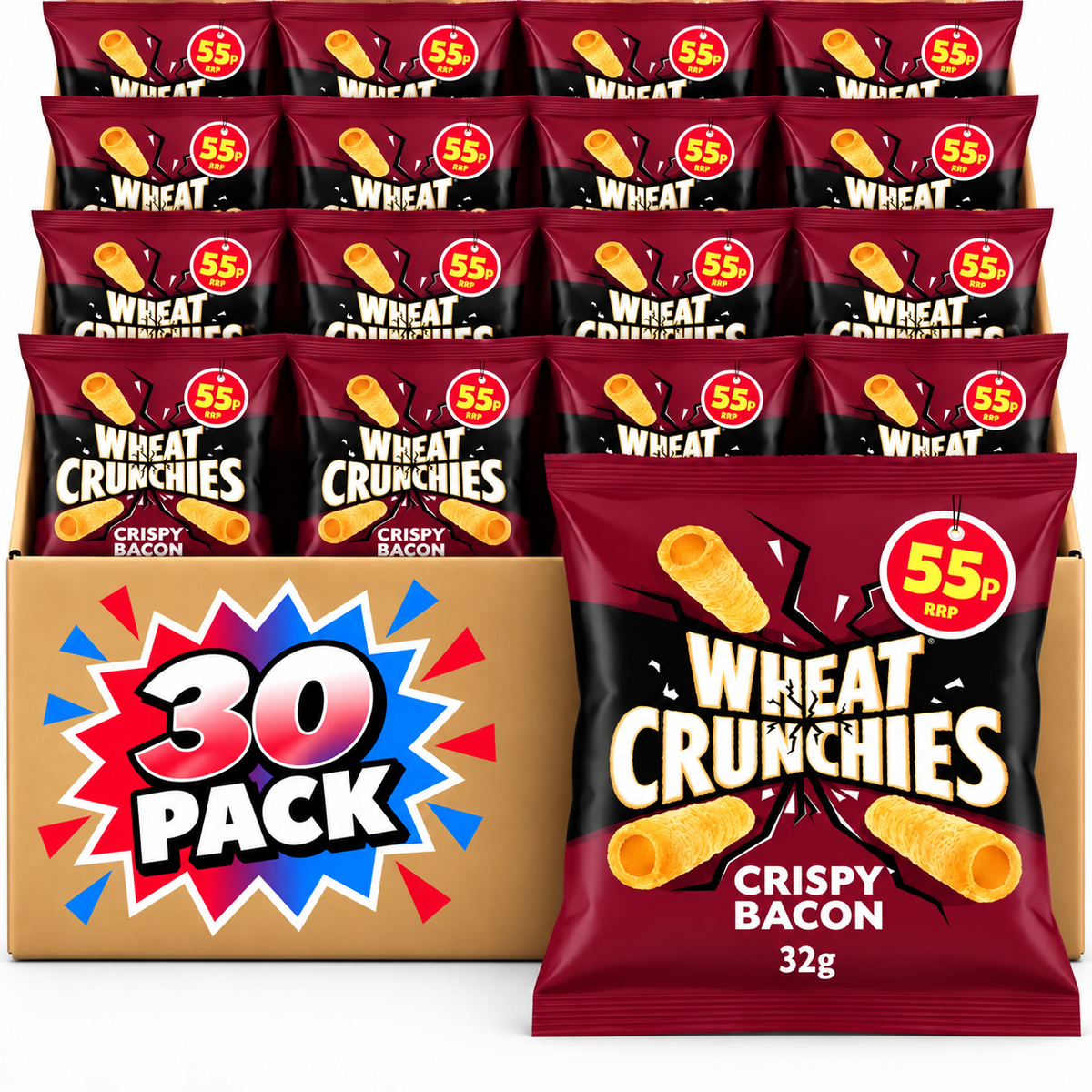 Wheat Crunchies Crispy Bacon Flavour Snacks 32g 55p PMP – 30 Pack