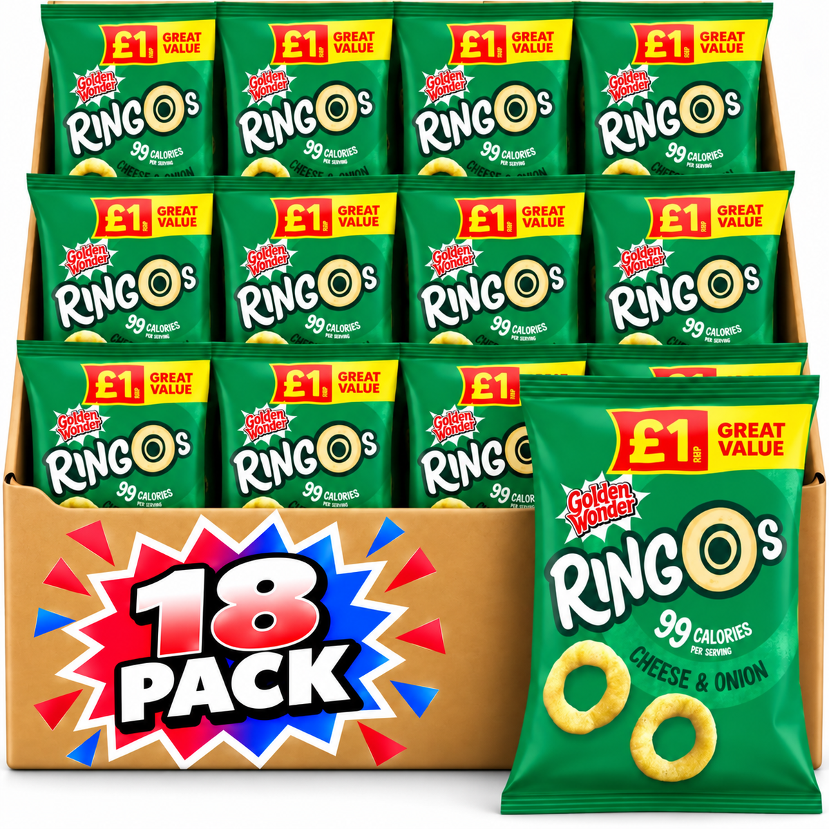 Golden Wonder Ringos Cheese & Onion Crisps 40g 18 Pack