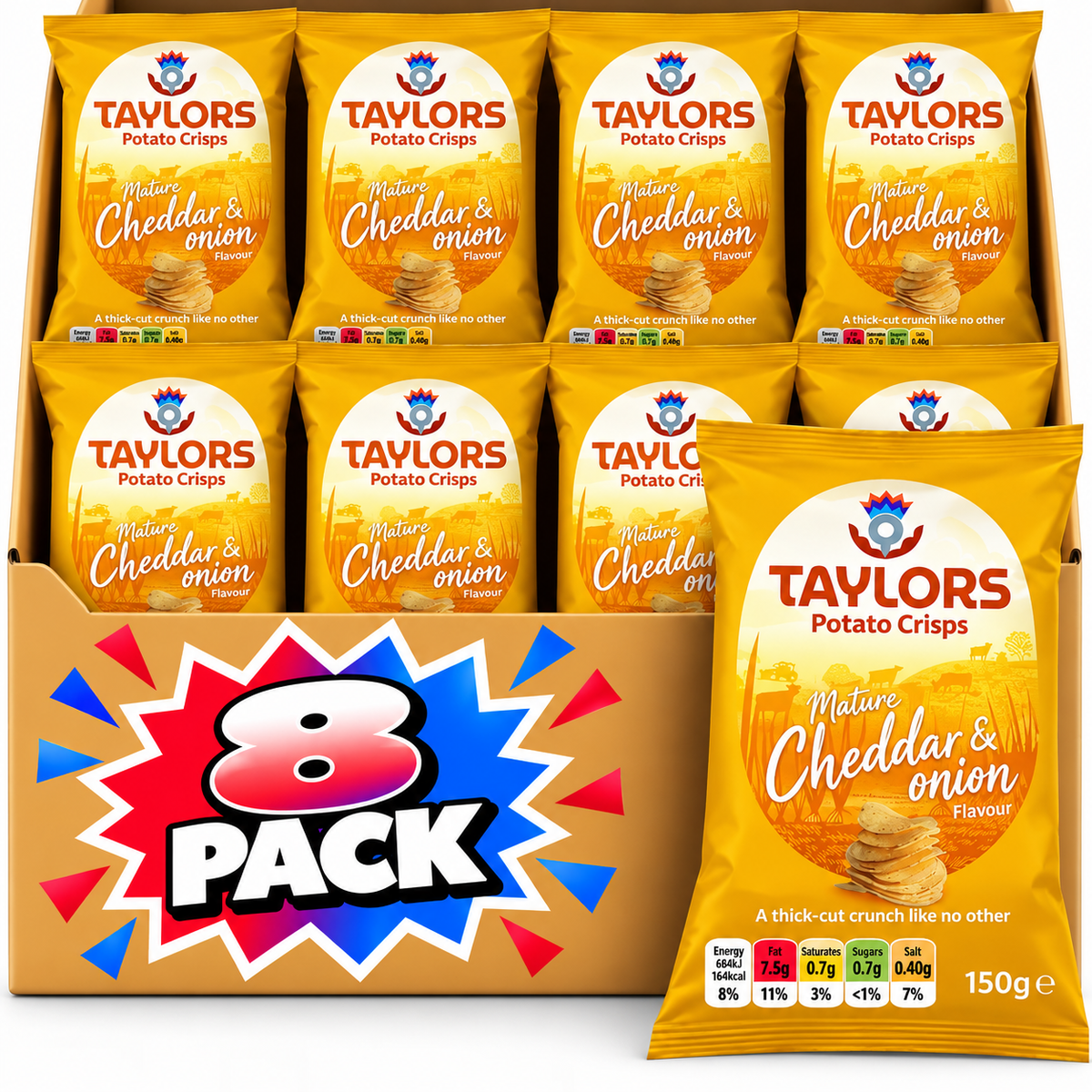 Taylors Mature Cheddar & Onion Straight Cut Potato Crisps 150g – 8 Pack