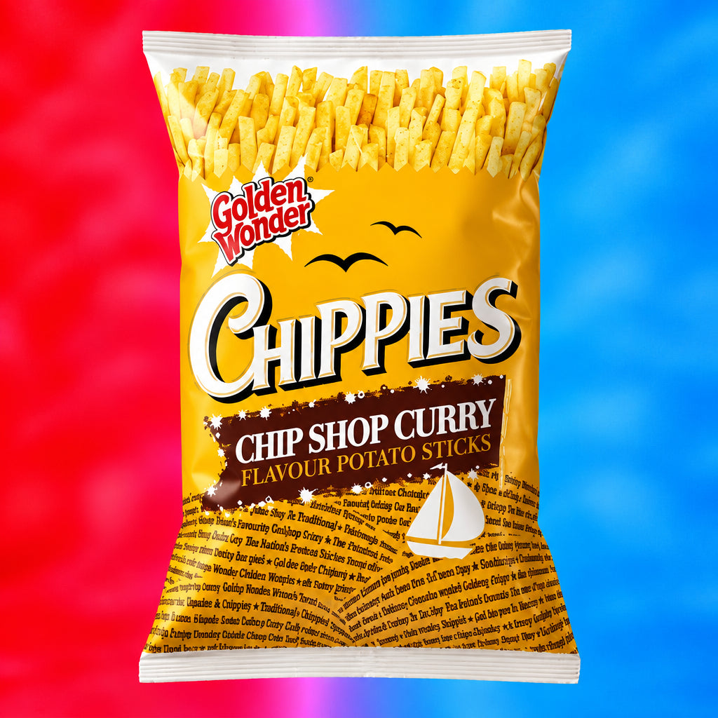 A bag of Chippies Chip Shop Curry flavored potato chips centered against a vibrant, split-color background of red on the left and blue on the right.