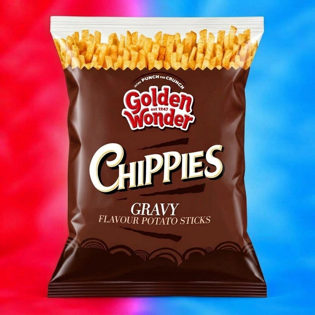 A bag of Golden Wonder Chippies Gravy Flavour Potato Sticks centered against a vibrant red-to-blue gradient background.