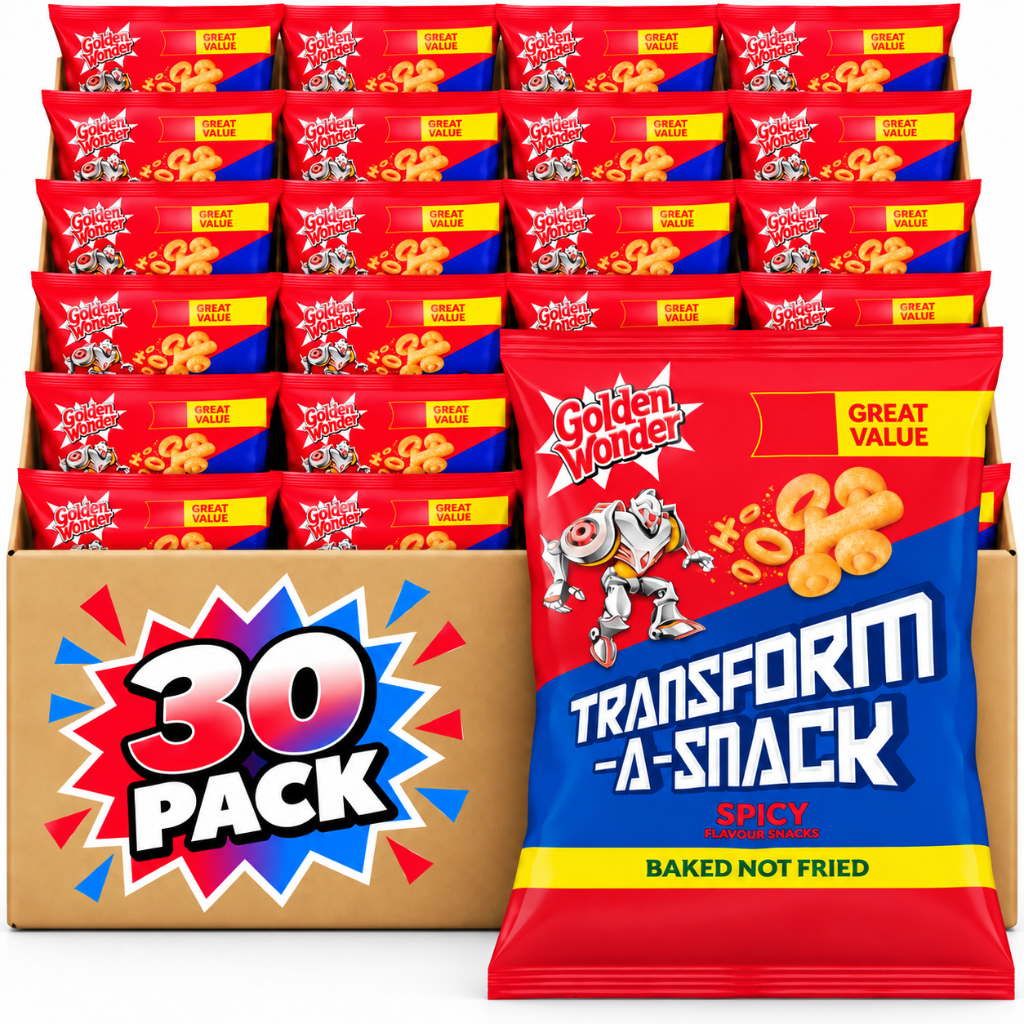 A 30-pack box of Golden Wonder Transform-A-Snack Spicy Baked Not Fried chips, showing a large brown cardboard box with a colorful '30 PACK' graphic in the front, with individual red and blue snack bags arranged behind it.