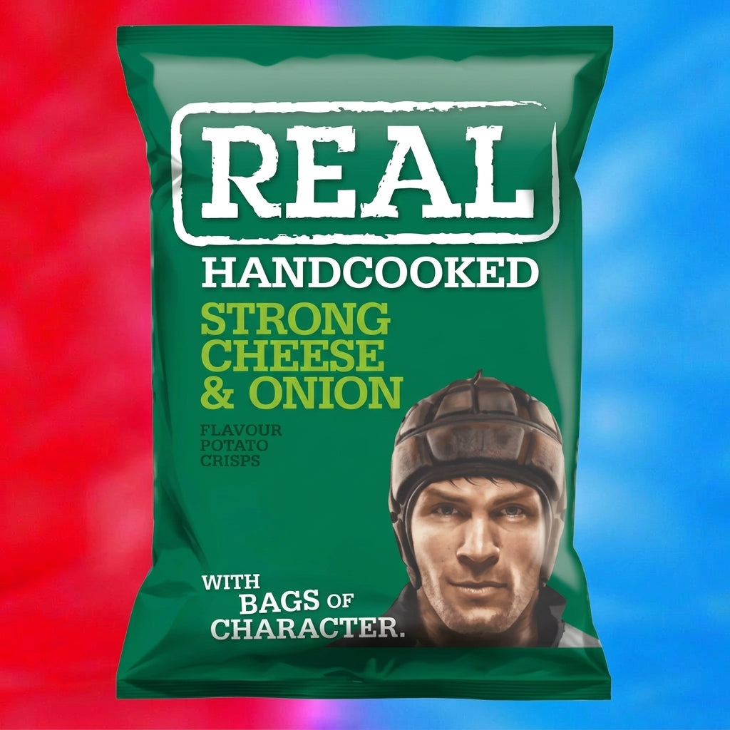 A bag of REAL Handcooked Strong Cheese & Onion potato crisps. The packaging is dark green with white and yellow text, featuring a graphic of a football player wearing a helmet.