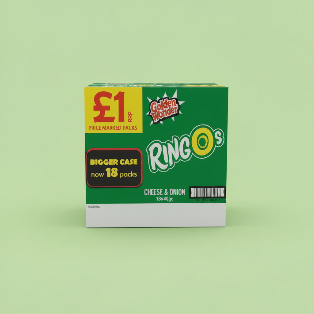 Golden Wonder Ringos Cheese & Onion Crisps 40g 18 Pack – Full Case Box