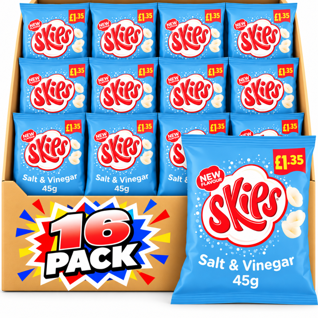 Skips Salt & Vinegar Crisps 45g £1.35 PMP – 16 Pack