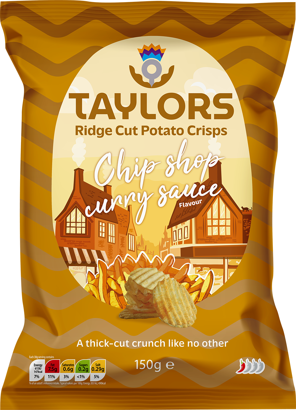 A 150g bag of Taylors Ridge Cut Potato Crisps in Chip shop curry sauce flavor, featuring a golden-brown design with an illustration of traditional houses and crispy crisps.