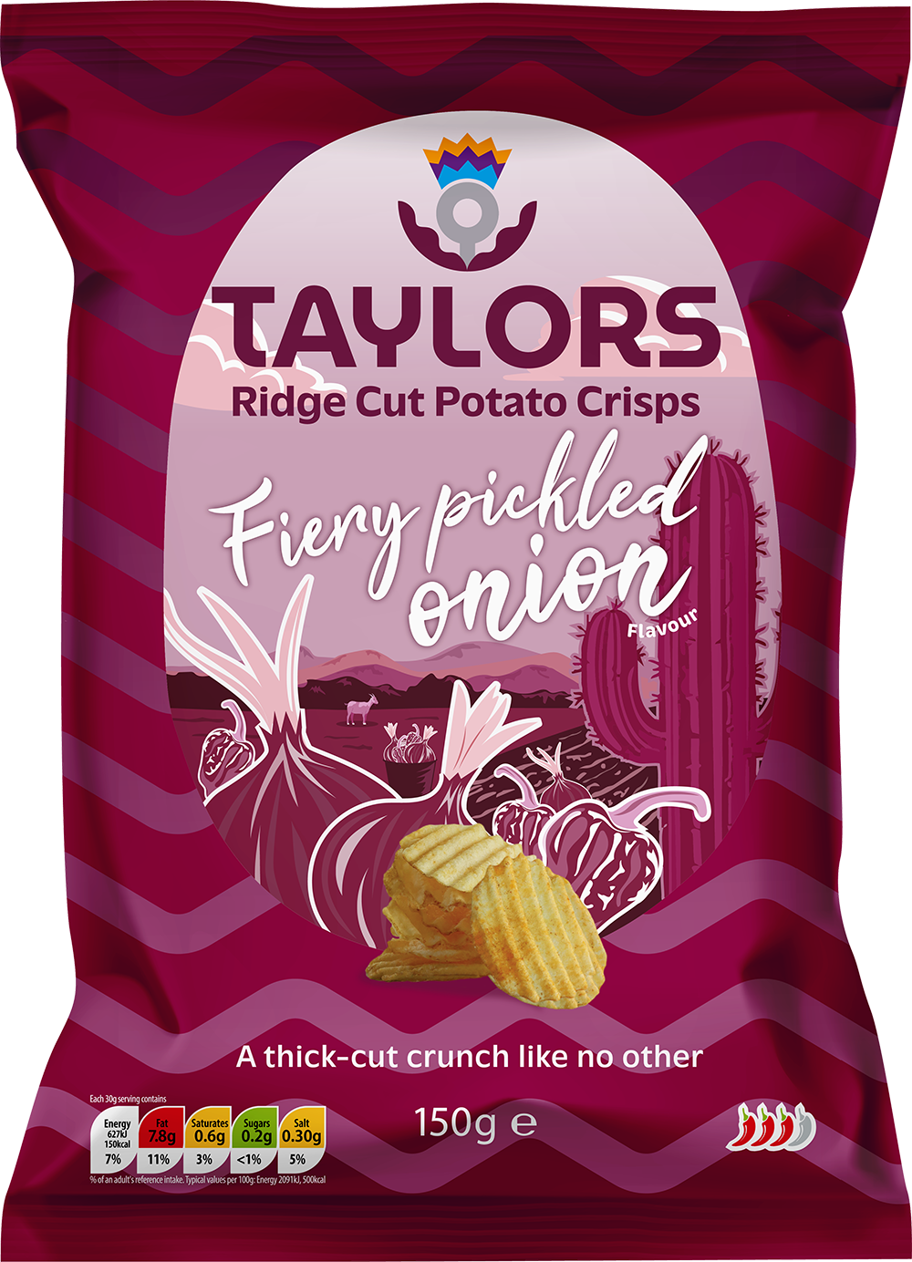 A 150g bag of Taylors Fiery Pickled Onion Ridge Cut Potato Crisps. The packaging features a deep magenta and burgundy wavy pattern with a central white arch displaying the brand logo, product name, and illustrations of pickled onions, cactus, and potato crisps.