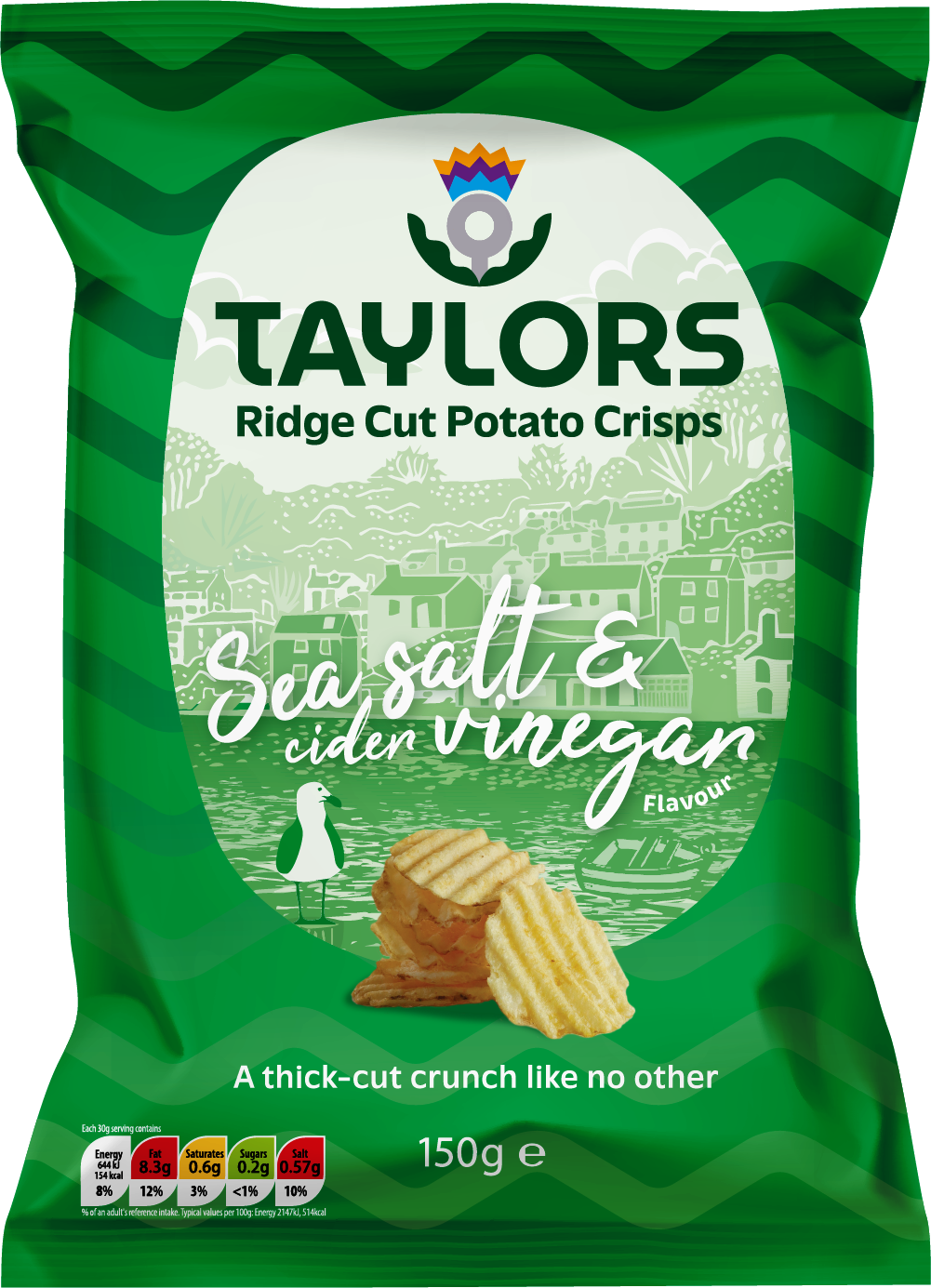 A 150g bag of Taylors Sea salt & cider vinegar flavored Ridge Cut Potato Crisps. The packaging is predominantly green with a central white oval showing a light green illustration of a coastal town, with a stack of ridged potato crisps pictured at the bottom.