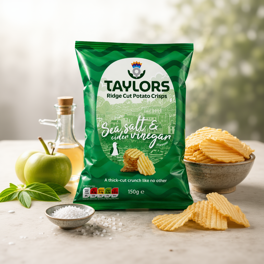 A 150g bag of Taylors Sea Salt & Cider Vinegar Flavour Ridge Cut Potato Crisps, displayed on a light stone surface with potato chips, coarse salt, a green apple, and a glass bottle of oil in the background.