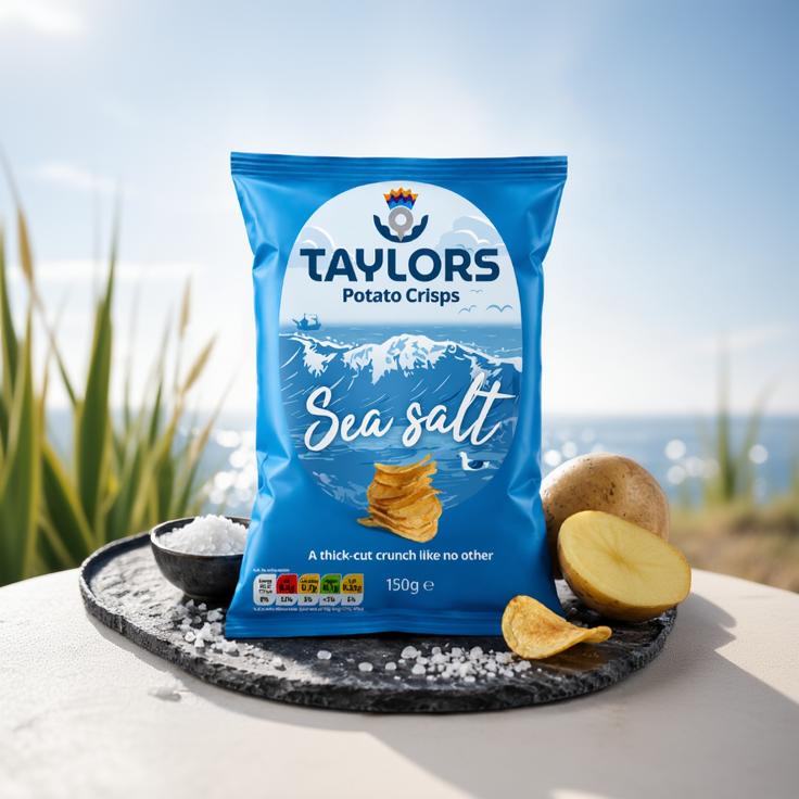 A blue bag of Taylors Sea Salt Potato Crisps stands on a dark stone surface with potato chips, a potato half, coarse salt, and a blurred outdoor sea background. The bag shows the Taylors logo, a wave graphic, and the words 'Sea salt' and '150g e'.