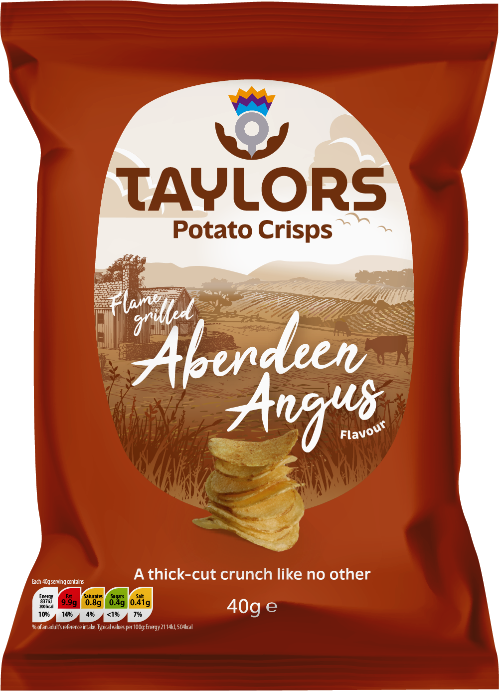 Taylors Flame Grilled Aberdeen Angus Straight Cut Potato Crisps 40g bag on a transparent background.