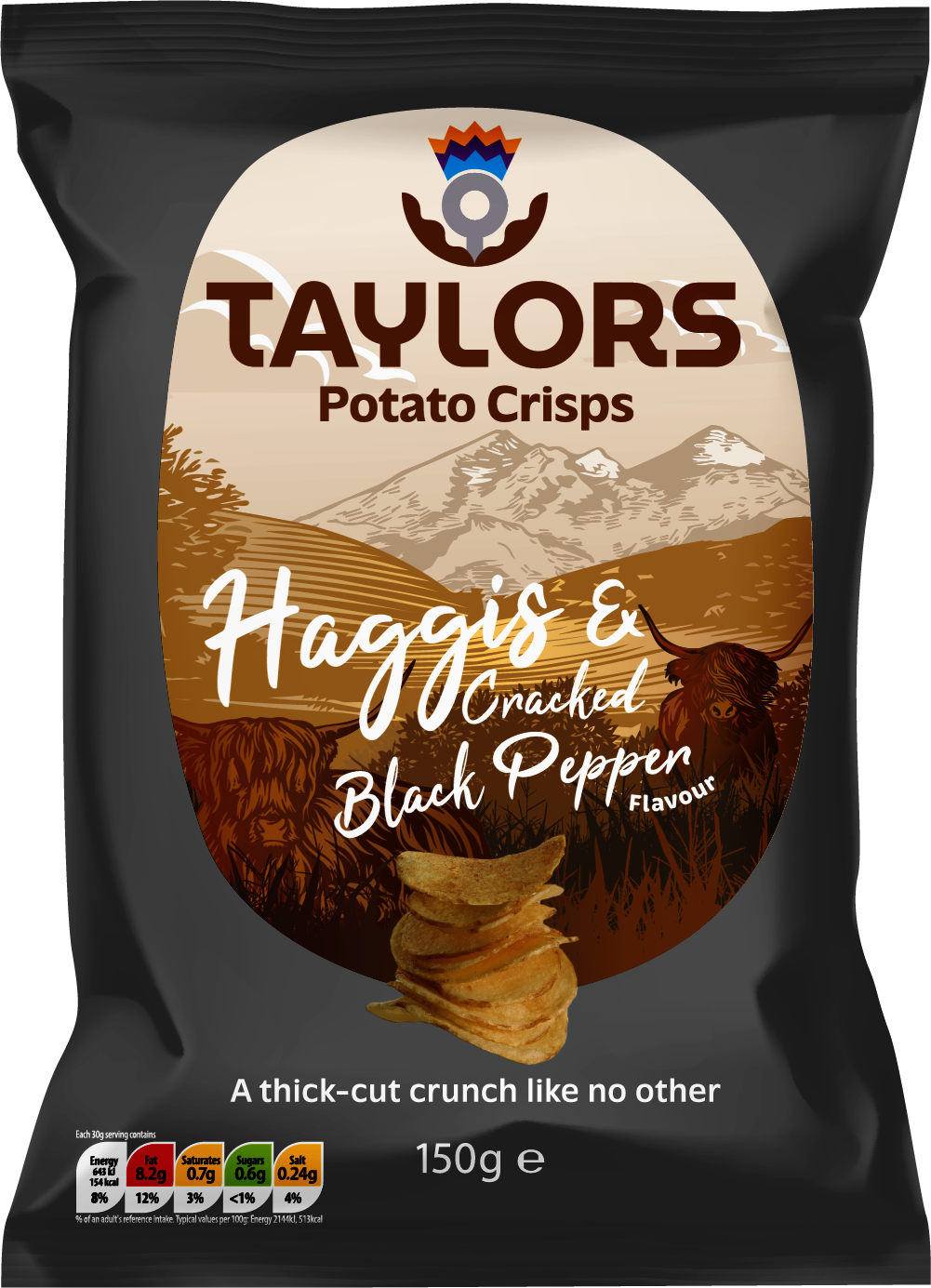 A 150g bag of Taylors Potato Crisps in Haggis & Cracked Black Pepper flavor, featuring a dark charcoal gray bag with a large circular label showing a mountain landscape and potato crisps.