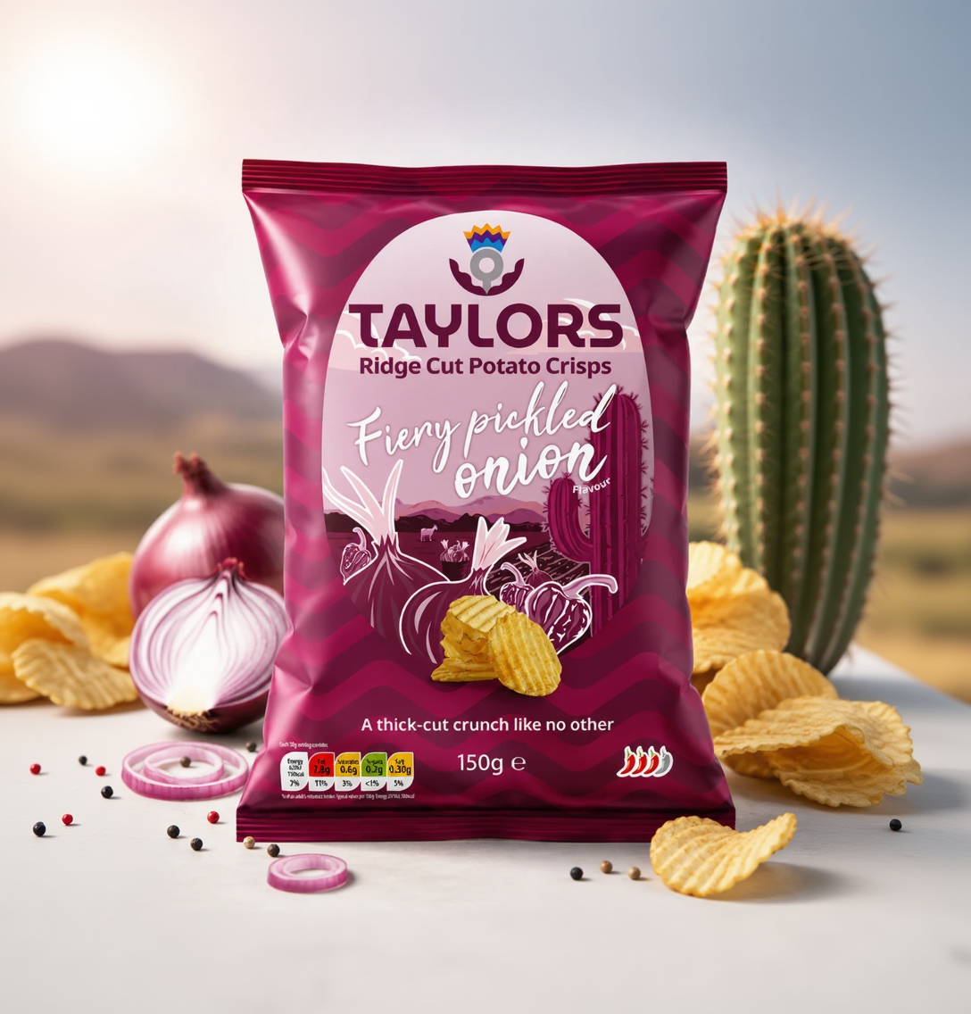 A bag of Taylors Fiery Pickled Onion Ridge Cut Potato Crisps stands upright on a light surface with onion, peppercorns, and potato chips arranged around it. The packaging is predominantly deep magenta-purple with a large white label area and product imagery including illustrated garlic, cactus, and crisps.
