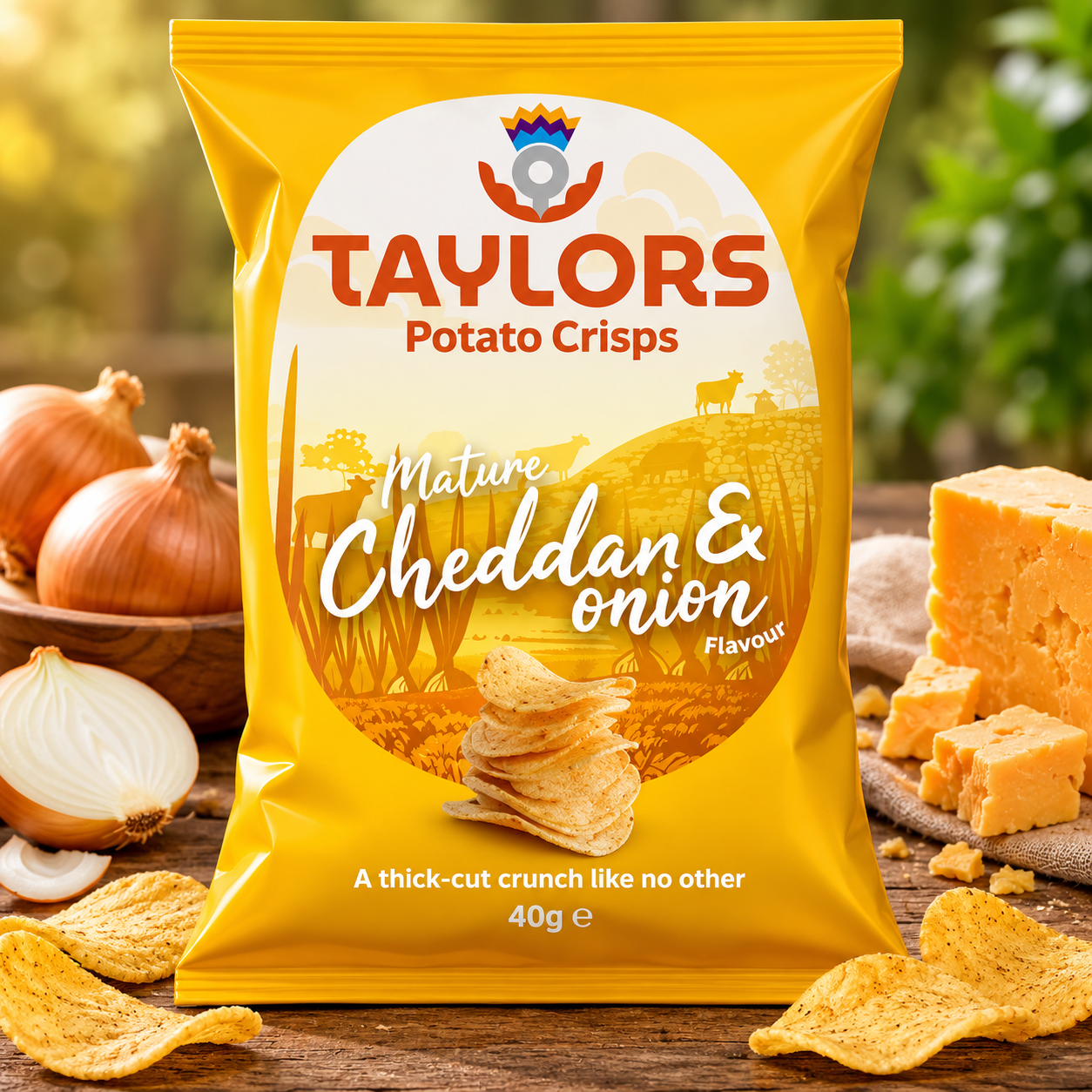 A bag of Taylors Mature Cheddar & Onion potato crisps stands on a wooden surface with onion, cheese, and loose crisps arranged around it. The packaging is bright yellow with the Taylors logo and product name clearly visible.