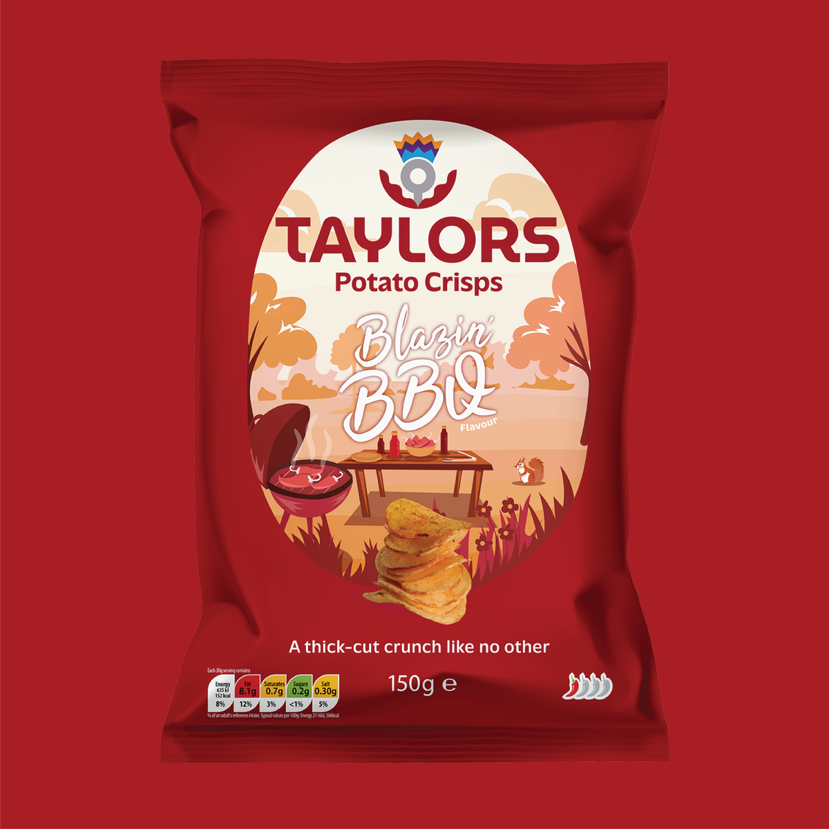 A 150g bag of Taylors Blazing BBQ Potato Crisps on a solid red background. The packaging is primarily dark red with a large central oval graphic showing a barbecue table, chips, and the brand logo.