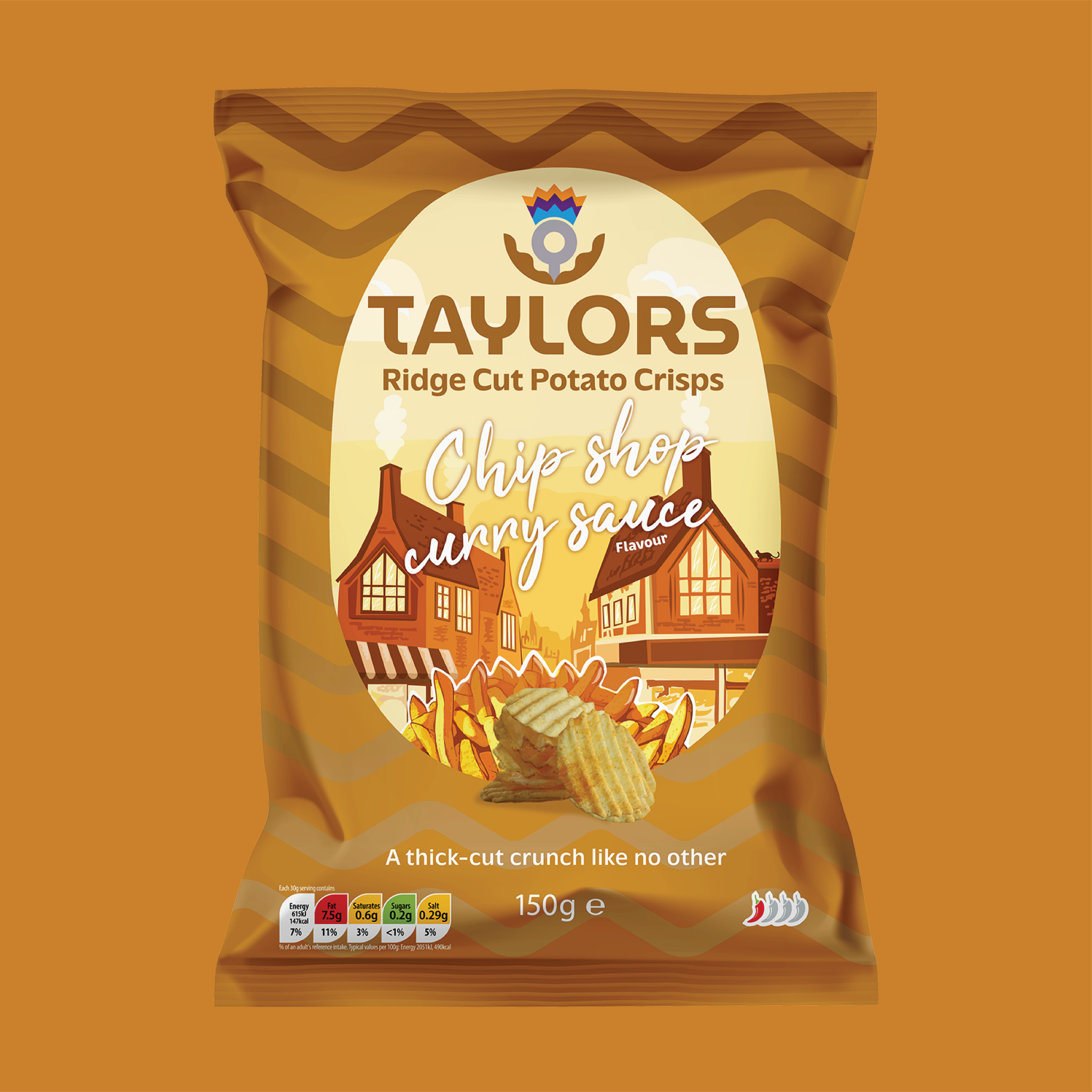 A 150g bag of Taylors Ridge Cut Potato Crisps in 'Chip shop funny sauce' flavor, shown against a solid orange-brown background. The packaging features a warm brown and gold wavy pattern, a cream-colored central oval with an illustration of a traditional pub and crispy crisps, and the Taylors brand name in bold brown letters.