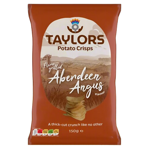 A 150g bag of Taylors Flamed Grilled Aberdeen Angus potato crisps, featuring a reddish-brown packaging design with a central white oval showing a rustic landscape and the product name.
