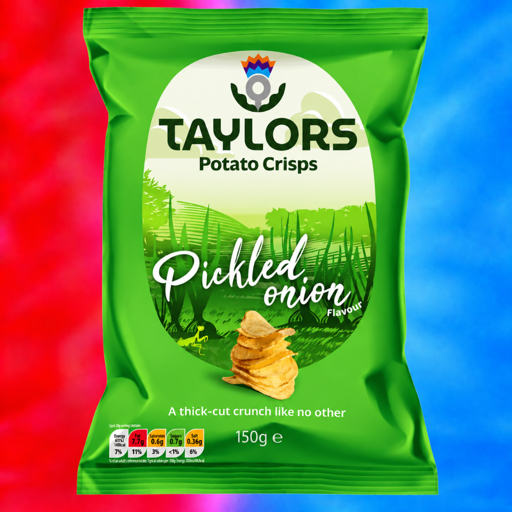 A 150g bag of Taylors Pickled Onion Potato Crisps. The packaging is bright green with a central white oval showing a potato chip stack and a green field graphic.