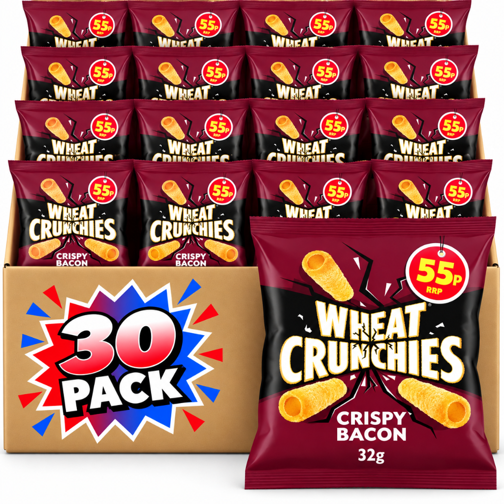 Wheat Crunchies Crispy Bacon Flavour Snacks 32g 55p PMP – 30 Pack
