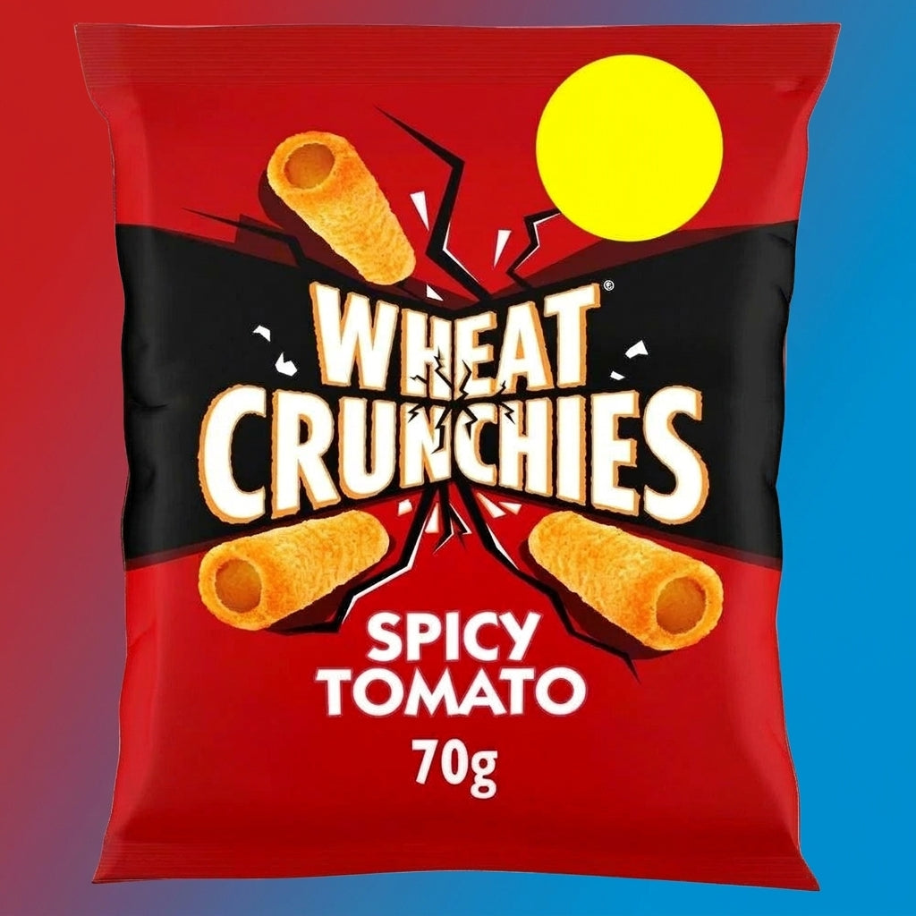 A 70g bag of Wheat Crunchies Spicy Tomato flavored snack chips. The packaging is primarily red with a black diagonal band, a yellow sun graphic, and illustrations of the rolled chips.