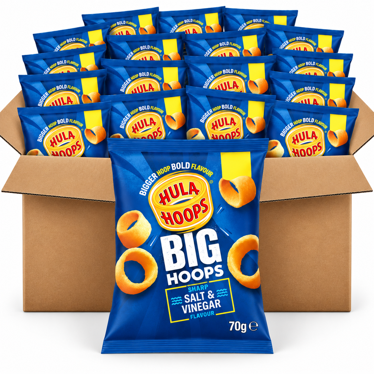 A bulk pack of Hula Hoops Big Hoops salt and vinegar flavored potato chips, shown with a single bag in front of an open cardboard box filled with individual bags.