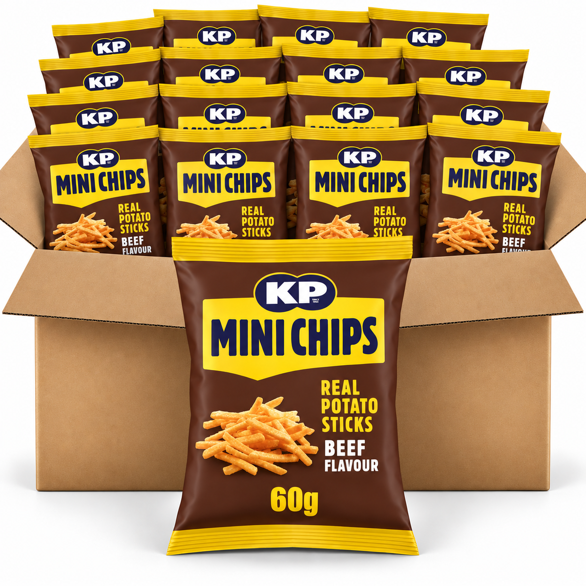 A bulk box of KP Mini Chips Beef Flavour, with a single 60g bag displayed prominently in front of a large open cardboard box containing multiple individual bags.
