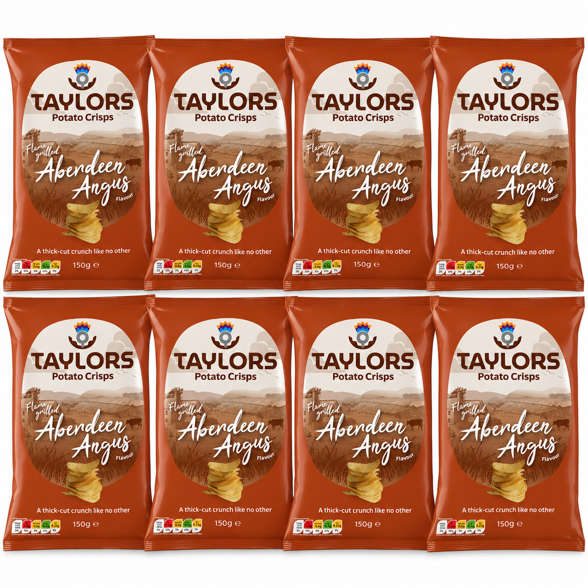 Eight bags of Taylors Potato Crisps in the Fluted Aberdeen Angus variety, arranged in a neat 2x4 grid on a plain white background.