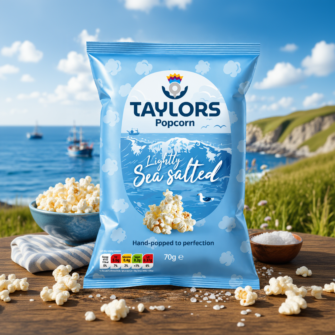 A 70g bag of Taylors Popcorn 'Lightly Sea Salted' in a bright blue packaging with ocean-themed graphics, set against a blurred coastal background with bowls of popcorn on a wooden table.