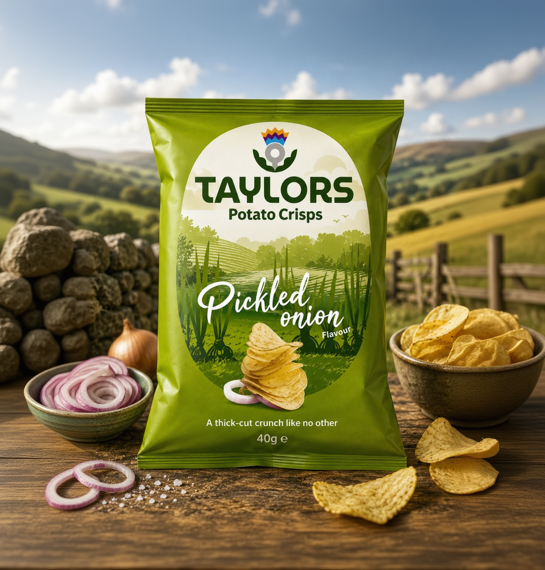A bag of Taylors Pickled Onion potato crisps stands on a wooden table with bowls of sliced red onion, loose crisps, and mounds of raw potatoes against a blurred outdoor farm landscape. The bag is bright green with white and dark green text and a farm scene printed on the front.