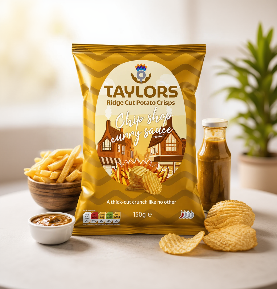A 150g bag of Taylors Ridge Cut Potato Crisps in 'Chip shop curry sauce' flavor, styled on a light marble surface with a bottle of curry sauce, a bowl of fries, and scattered crisps.