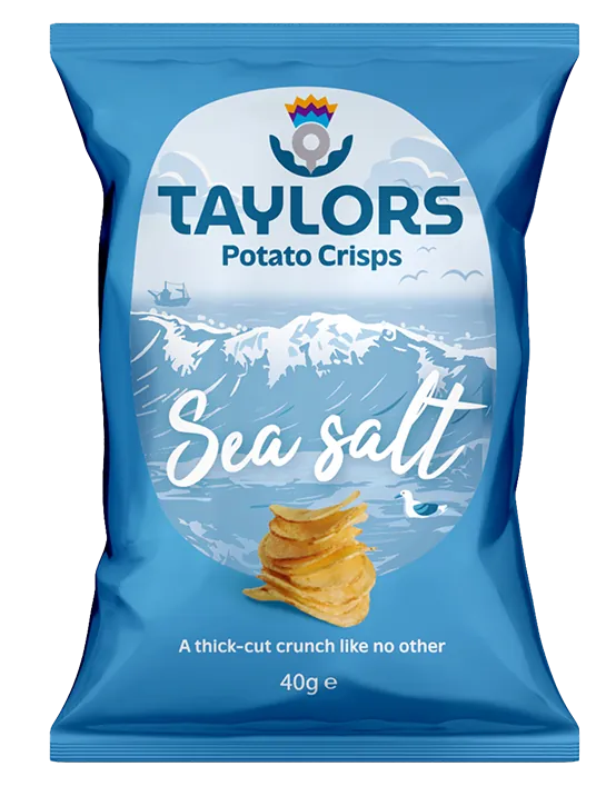 A 40g bag of Taylors Sea salt Potato Crisps. The packaging is bright blue with a central white oval graphic depicting a snowy mountain and sea scene, with a small stack of golden potato crisps illustrated at the bottom.
