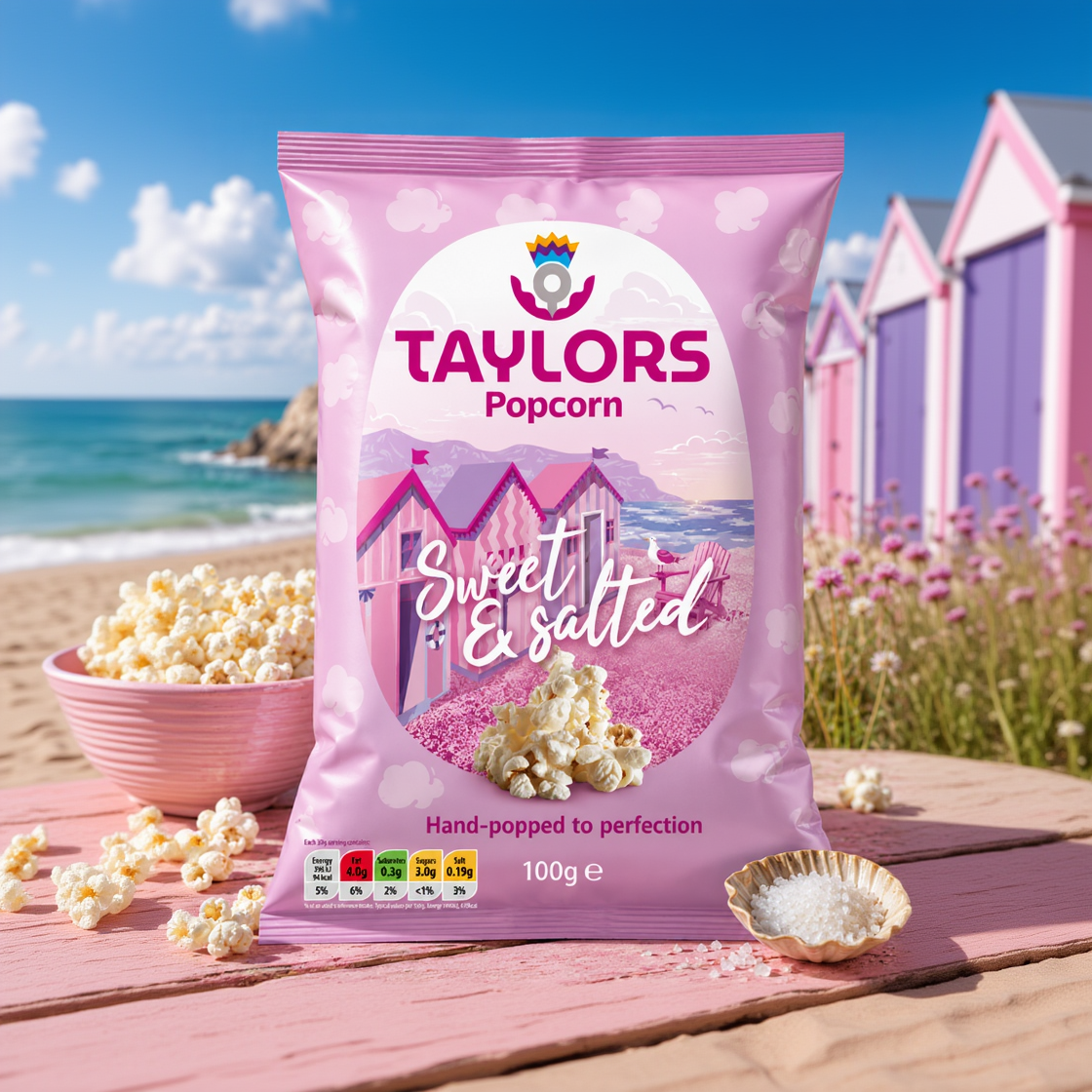 A pink bag of Taylors Popcorn 'Sweet & Salted' flavor, set against a beach-themed background with popcorn bowls and colorful beach huts.