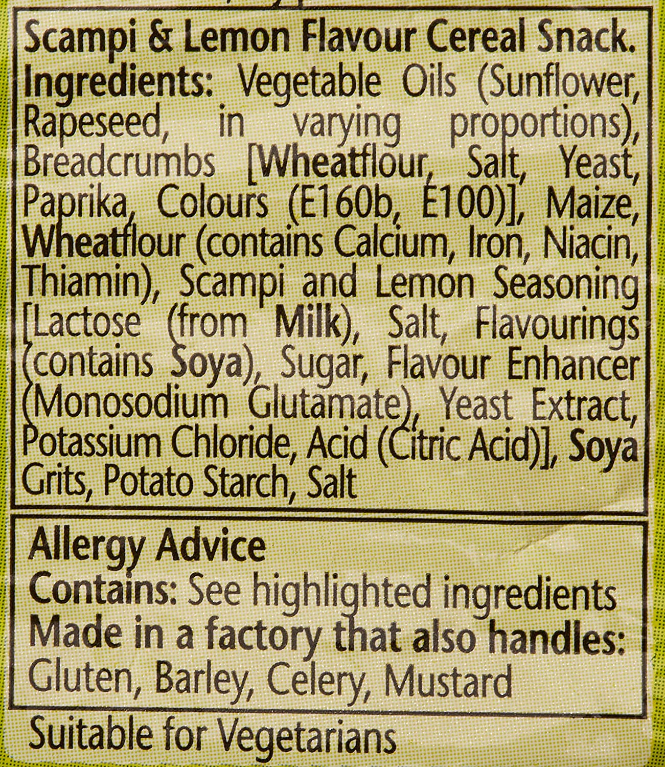 Smiths Scampi & Lemon Fries Savoury Snacks Ingredients & Allergy advice