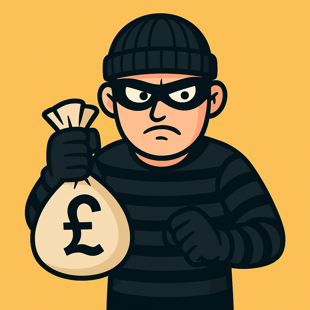 Cartoon-style illustration of a bank robber in a black beanie and striped jumper, wearing a black eye mask and holding a money bag with a pound (£) symbol on it, set against a yellow background.