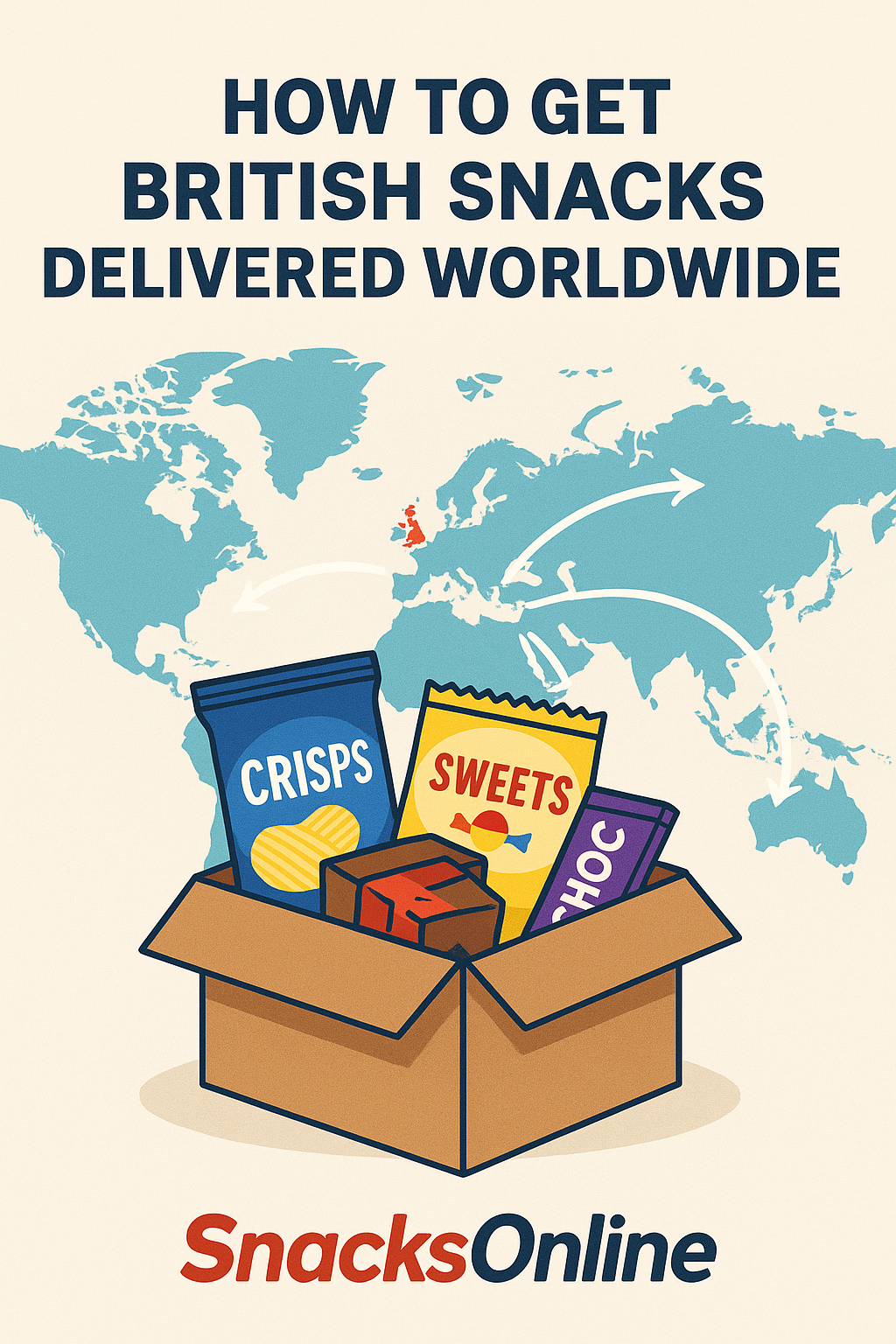 Infographic showing how to get British snacks delivered worldwide, featuring a box of crisps, sweets, and chocolate with the UK highlighted on a world map and arrows pointing to international destinations — Snacks Online logo included.