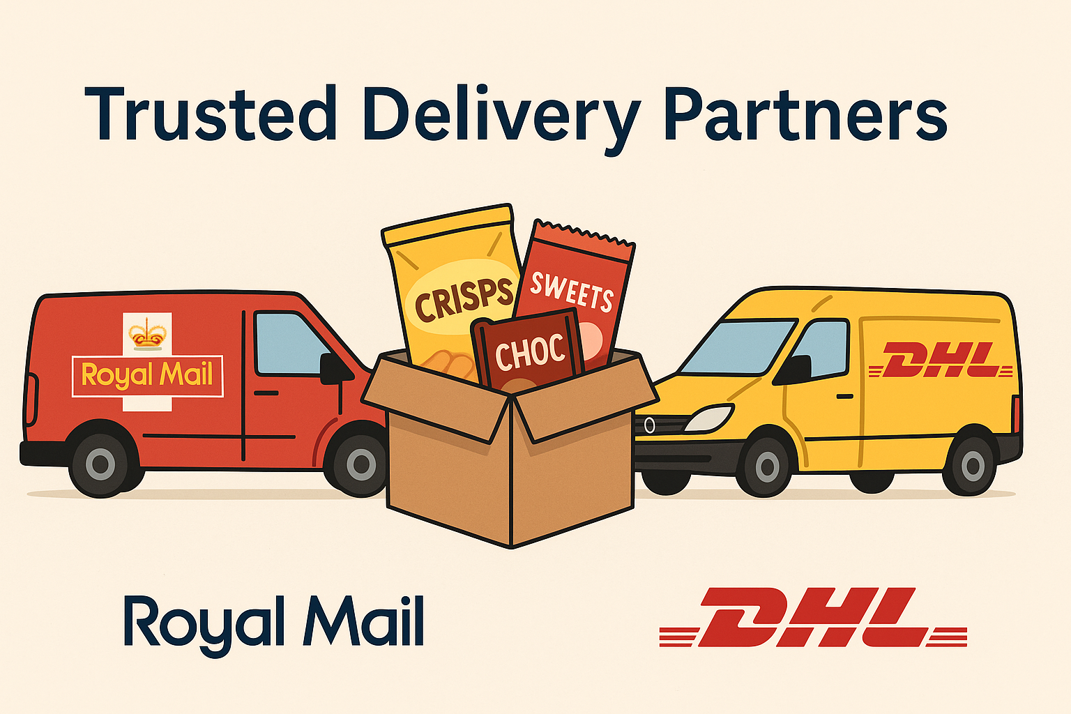 Box of British snacks delivered by Royal Mail and DHL, showing reliable UK snack delivery partners for fast and trackable shipping.
