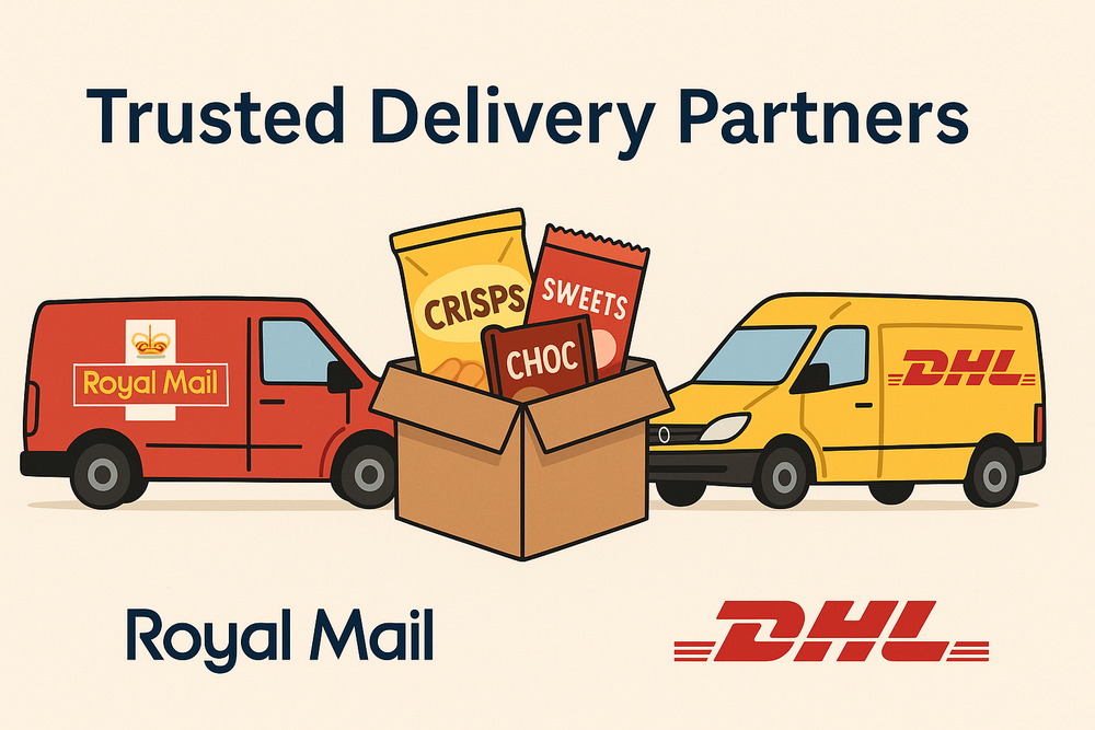 Box of British snacks delivered by Royal Mail and DHL, showing reliable UK snack delivery partners for fast and trackable shipping.