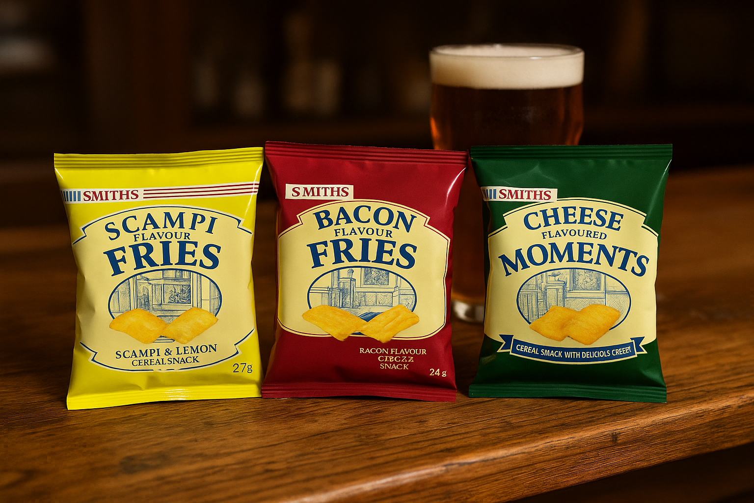 Smiths Scampi Fries, Bacon Fries, and Cheese Moments packets on a wooden pub bar with a pint of beer in the background