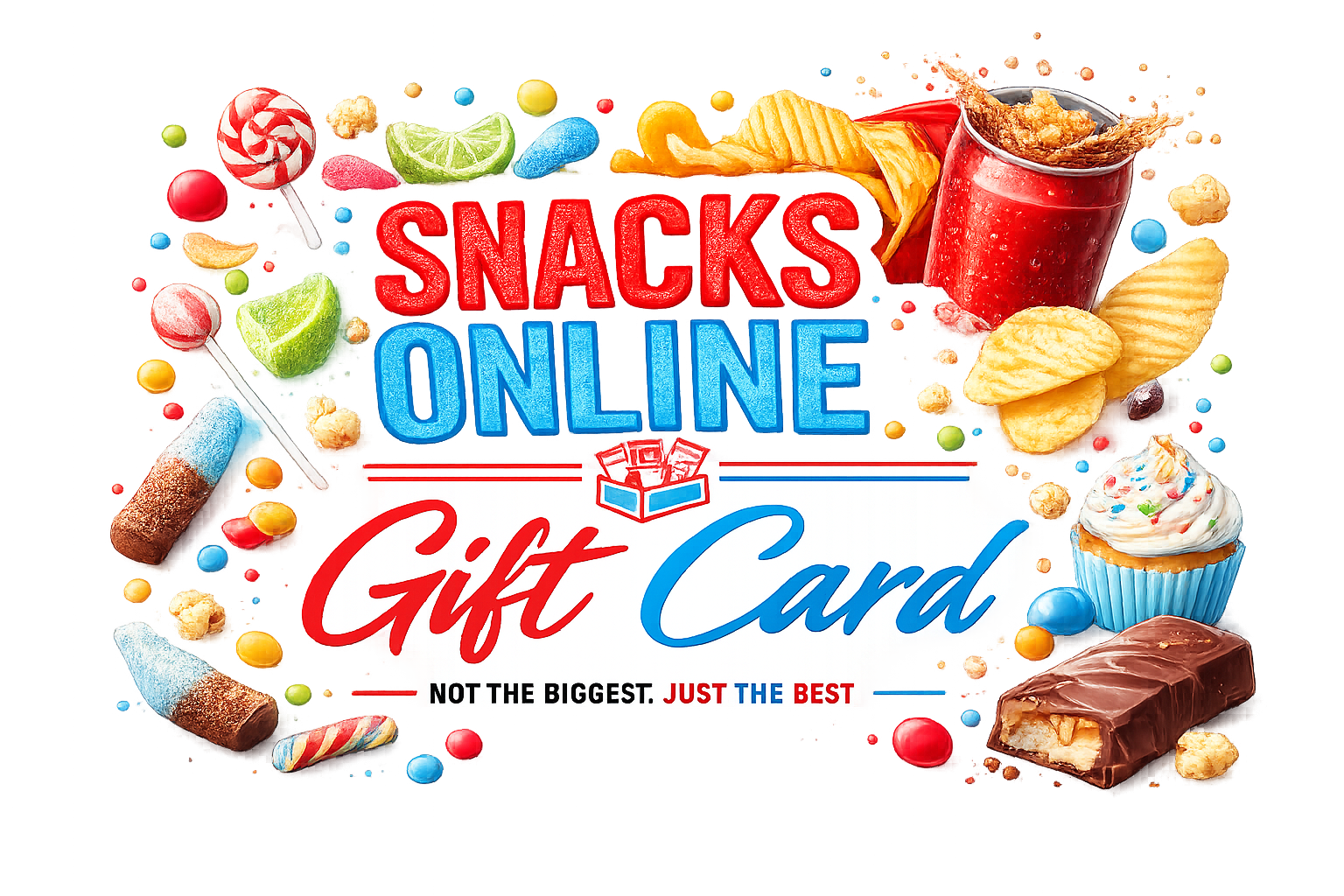 Snacks Online Digital Gift Card with crisps, sweets and chocolate, perfect for birthdays, celebrations and snack lovers.