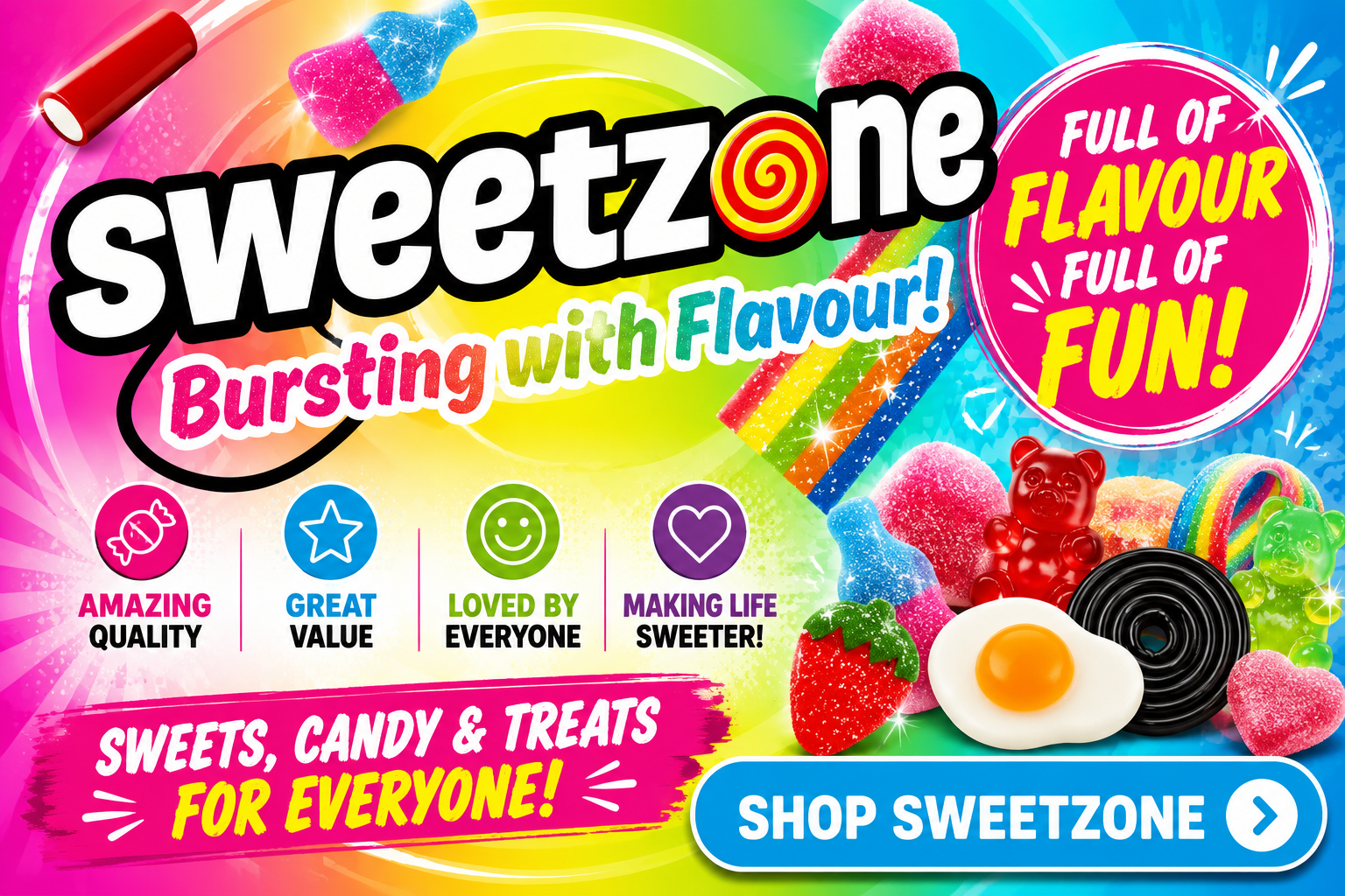Sweetzone Sweets Logo – Colourful Halal Sweets, 1kg Bags, and Candy Floss from Snacks Online