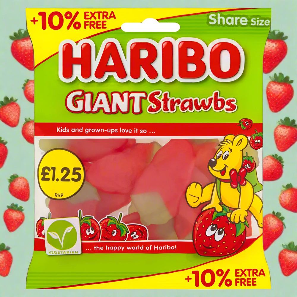 Haribo Giant Strawbs Strawberry Flavour Chewy Jelly Sweets Sharing Bag 154g