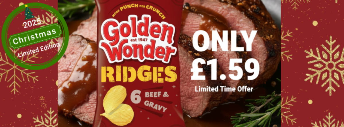 Promotional image of Golden Wonder Ridgies beef & gravy chips with Christmas-themed design.