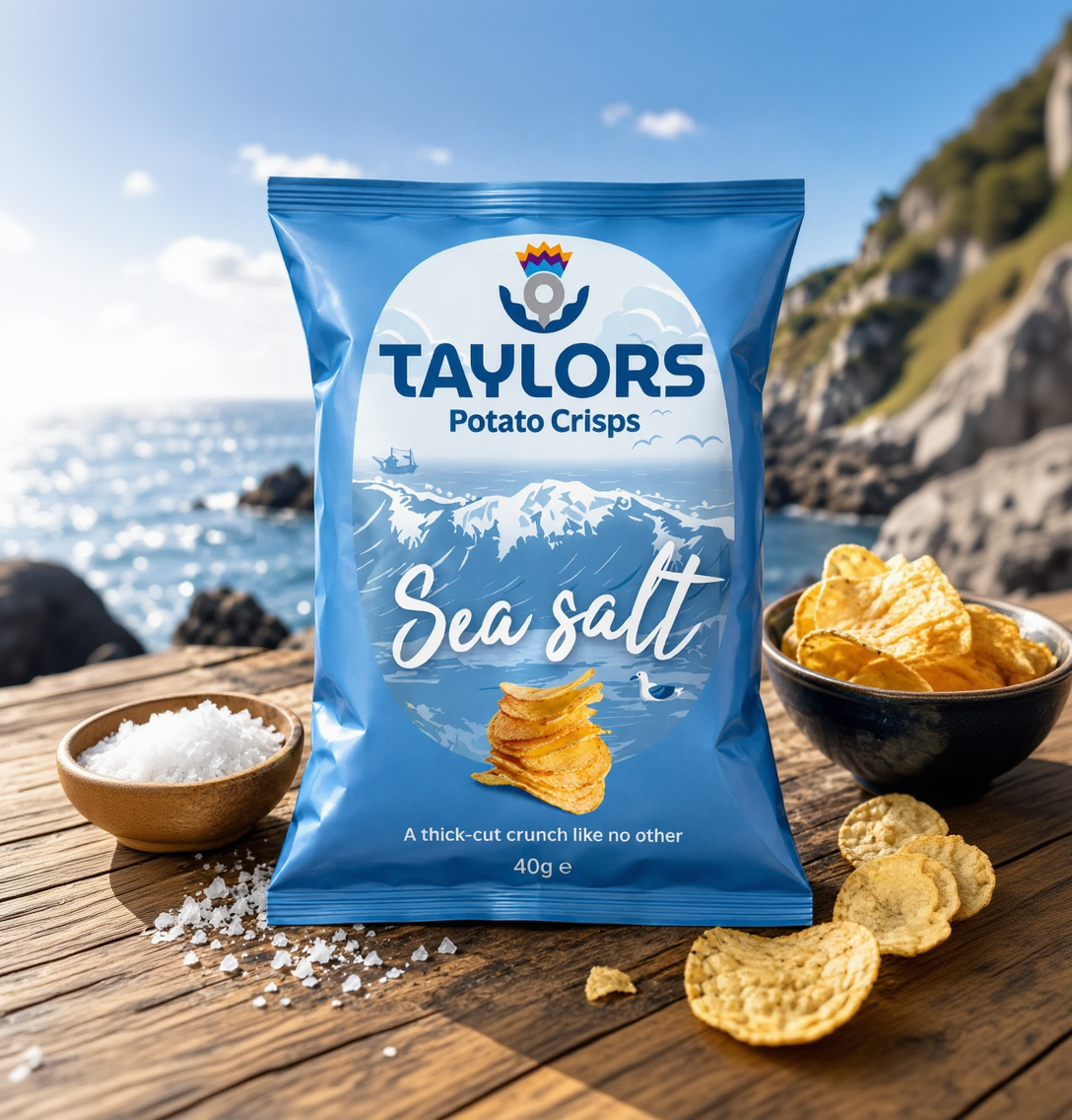 A blue bag of Taylors Sea salt Potato Crisps stands on a wooden surface with bowls of chips and coarse salt, with a coastal cliff and ocean background visible.